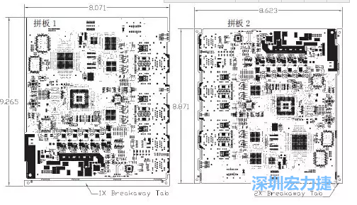 如圖7所示是使用不同數(shù)量邊條的拼板，拼板1僅使用了一個(gè)邊條，直接利用PCB另一邊作為SMT工藝傳送邊，并且PCB圖形中有合適的安裝孔；而拼板2則是按常規(guī)設(shè)計(jì)了兩個(gè)邊條。拼板方式為連接筋。圖中“Breakaway Tab”指邊條-深圳宏力捷