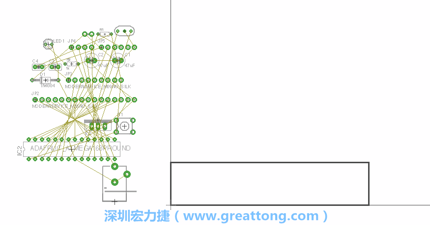 第一次執(zhí)行布線編輯器時，你會發(fā)現有兩個區(qū)塊，左邊的區(qū)塊非常混亂，而右邊的區(qū)塊則是一個長方形的工作區(qū)域，EAGLE免費版會限制你的工作區(qū)域在4” x 3.2”的范圍內，如果你試圖將元件擺放在工作區(qū)外的話，就會跳出警示訊息。